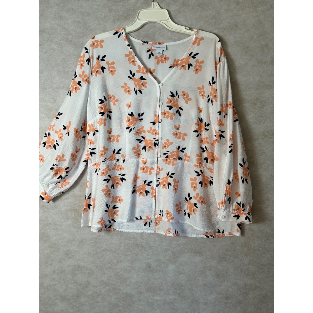 Liz Claiborne Womens XL Floral V-Neck Button Front‎ Blouse Orange White 71111-9